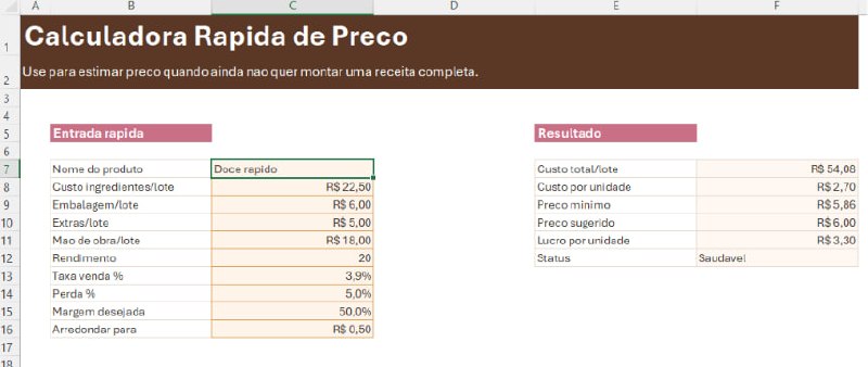 Calculadora rápida de preço da PrecificaDoce