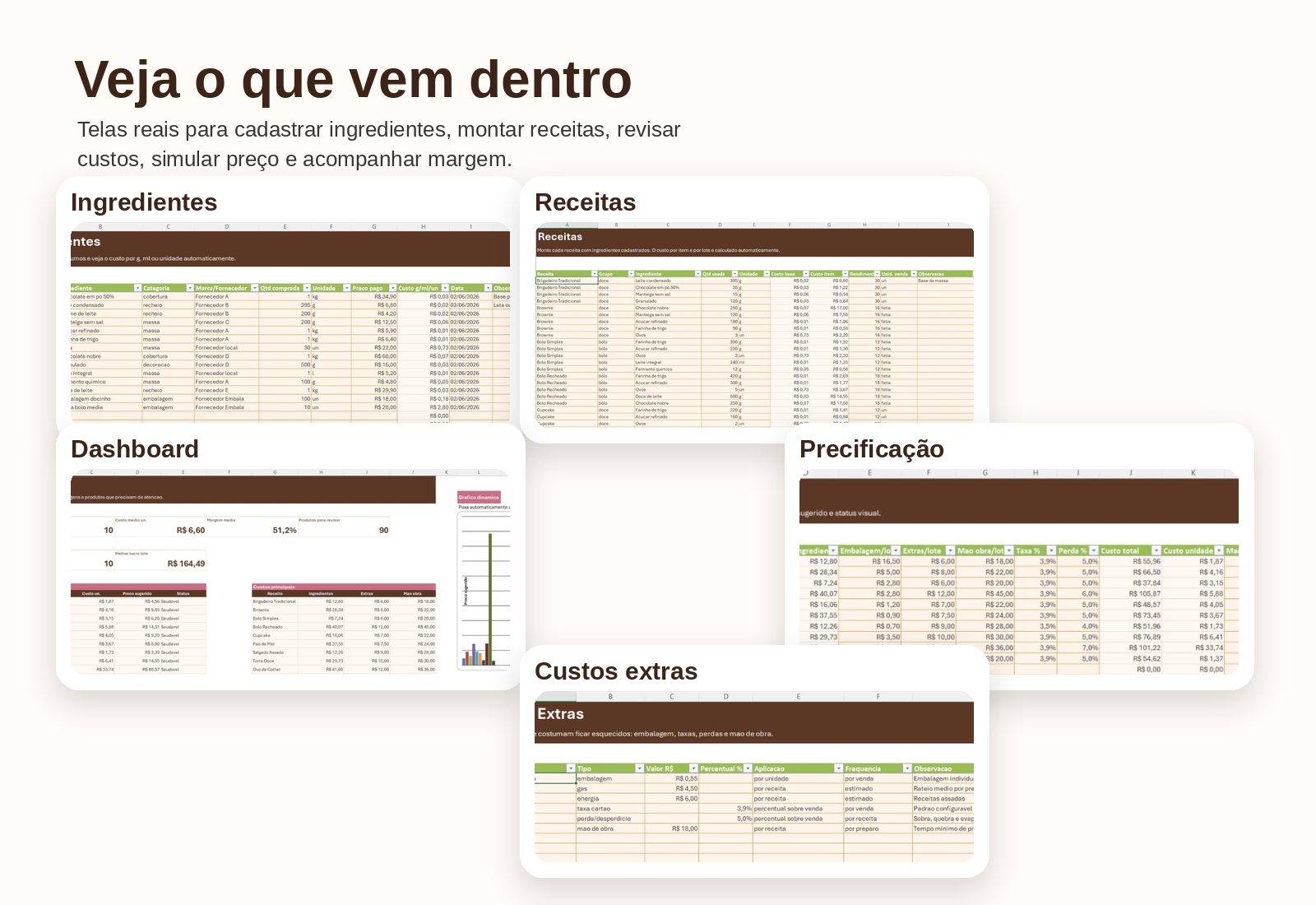 Montagem com telas da planilha PrecificaDoce
