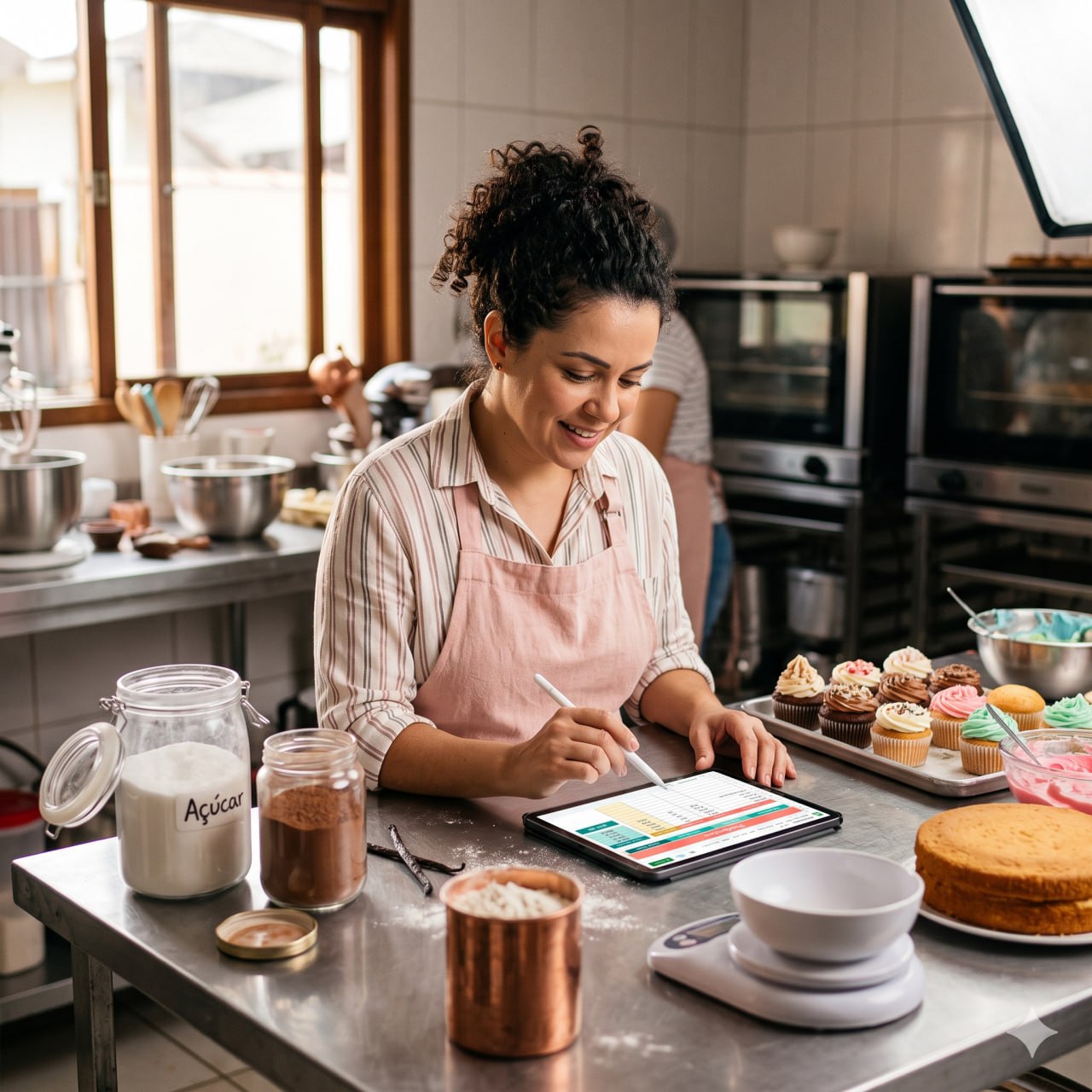 Confeiteira usando tablet na cozinha durante a produção